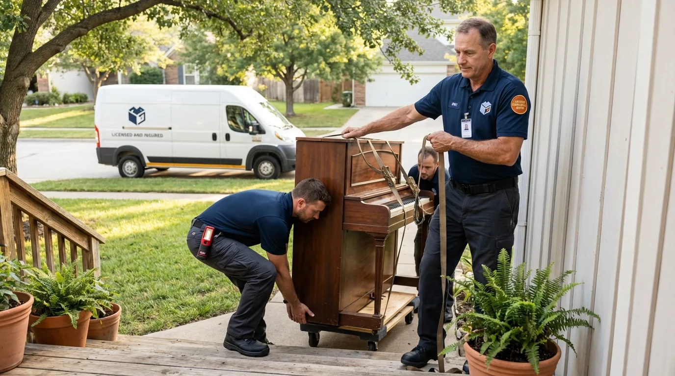 Licensed piano movers securing grand piano in Marshall, NC