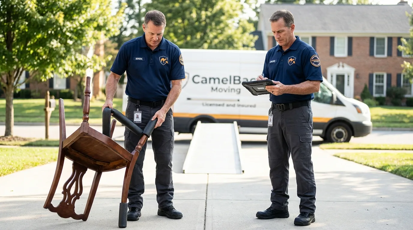 Movers inspecting furniture for damage prevention before loading in Marshall, NC